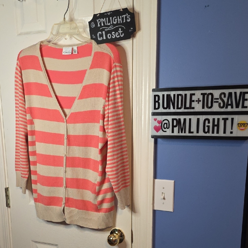 Kim Rogers Striped Coral Cream Cardigan Sweater XL